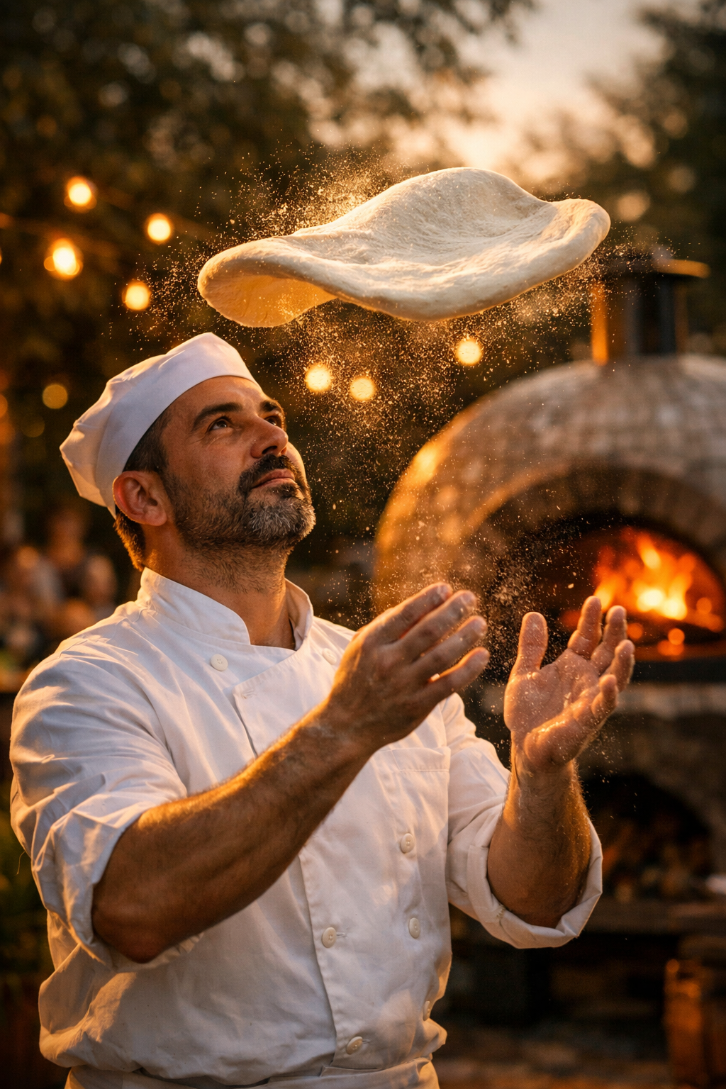 Pizzaiolo artisan préparant une pizza devant un four à bois lors d'un événement